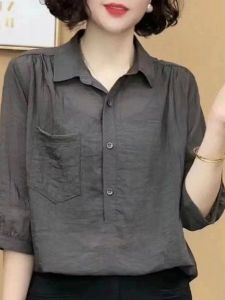 High-End Summer Casual Silk Linen Shirt Womens Fashion New Style Solid Color Midi Sleeve Loose Fit Slimming Top