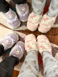 Winter Fluffy Slippers Pompom Purin Cinnamoroll Soft Plush Slippers Kawaii Me Melody Kuromi KT Cat Warm Fur Slippers