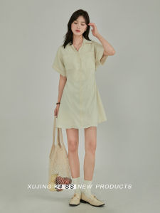 Summer New Style Womens Polo Collar Short Sleeve Dress Slimming Waist A-Line Skirt Midi Dress Simple Commute Polyester Dress