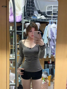 Slim Fit Long Sleeve V-Neck American Retro Striped T-Shirt Womens Spring Autumn Thin Spicy Style Base Shirt Top