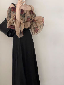 Export Discount Women's Clothing: Clearance Special Offer on Fancy Off-Neck Rose Print Loose Slimming Flared Sleeves Chiffon Shirts