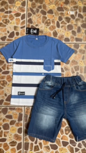 Setelan Baju Anak Laki-Laki Kaos Stripe Salur Garis + Celana Denim Pendek | Outfit Kasual Anak Keren