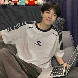 American Retro 100% Heavy Weight T-Shirt Pure Cotton Three Bars Stripes Short Sleeve Men Clothing Summer Small Neckline Couple Half Sleeve