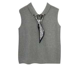YUEZHONGWEI | Gray Collar Silk Scarf Tie Ice Silk Knit Vest