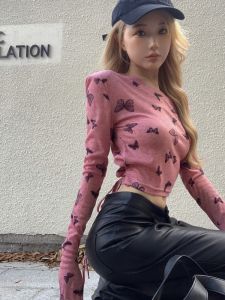 Butterfly Print Long Sleeve T-Shirt Womens Spring Summer New Style Slimming Short French Waist Shaping Base Layer Top