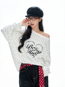 BJHG | Women Autumn Loose Off-shoulder Polka Dot Heart Long Sleeve T-shirt