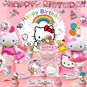 Miniso | 124 Pcs Hello Kitty Party Decorations & Tableware - Hello Kitty Plates Backdrop Balloons Etc Hello Kitty Birthday Party Supplies