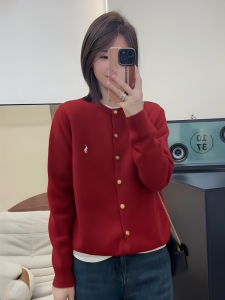 Red round Neck Open Cardigan Sweater Womens Loose Long Sleeve Knitwear Spring Early Season Style Korean System Slimming Top