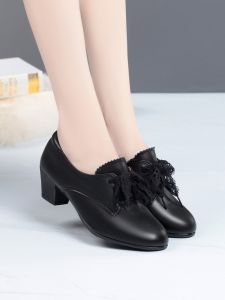 Fall New Style Large Size Knot Front Genuine Leather Deep Mouth Womens Shoes Fashionable Soft Bottom Mom Shoes round Toe Rubber Outsole