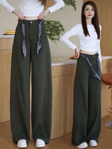 MEITESIJIAONU | Olive Green American Denim Wide Leg Pants Silk Belt Trousers