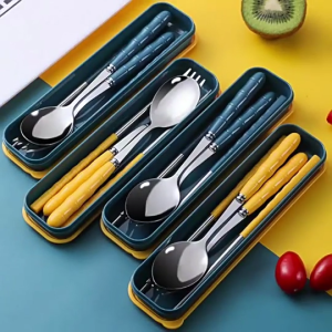 3Pcs/Set 不锈钢餐具套装 Stainless Steel Cutlery Set Utensil Spoon Fork Chopstick Set With Box Tableware Set Peralatan Makanan
