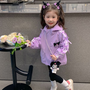 2-10ปีแจ็กเก็ต Kuromi Sanrio ผ้าฝ้ายแขนยาวชุดคอสเพลย์ฮัลโลวีนมีซิปเสื้อโค้ทมีหมวกคลุมศีรษะชุดกีฬาเสื้อ