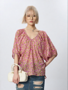 INLIFE | Vintage V-Neck Puff Sleeve Floral Print Chiffon Lightweight Blouse