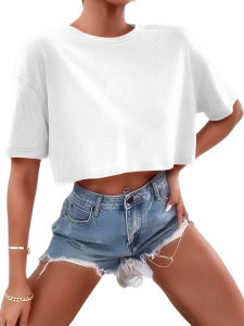 Womens Boxy Fit Ribbed Crop Top Crew Neck Short Sleeve Tee Y2K Aesthetic Loose Casual Summer Streetwear Blouse