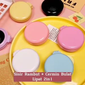 Sisir Rambut Lipat 2in1 + Cermin Bulat Anti Kusut | Mini Hair Comb And Massage Scalp With Glass | Sisir Pijat Kepala Dengan Kaca Alat Penata Rambut Lembut Anti Rontok & Berhias Wajah - FR Gallery