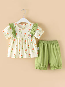 Pure ผ้าฝ้าย ชุดหน้าร้อน สําหรับทารกอายุ 0-5 ปีชุดสองชิ้นแบบบาง หวาน สไตล์ลายดอกไม้ แขนกุด สั้น กางเกงขาสั้น สําหรับเด็กผู้หญิง