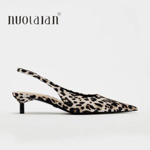 Leopard Women Sandal Shoes Fashion Pointed Toe Shallow Slip On Ladies Elegant Dress Slingback Shoes Thin Med Heel Dress Pumps