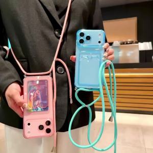 Transparent Slot Card Holder Lanyard Soft Case For iPhone 17 Air 16 14 15 13 12 11 Pro Max Plus XS XR Necklace Strap Soft Cover