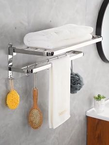 BEAUTYMASS 304 Stainless Steel Towel Rack Hanging Holder Bathroom Organizer Rack No Punching Bathroom Accesories Organizer Towel Rack Toilet Towel Holder For Bathroom