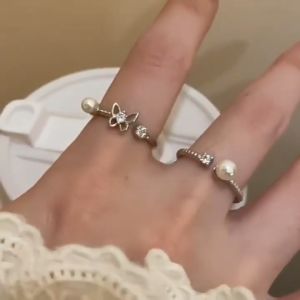 Bestella💗Cincin Terbuka Kupu-kupu Mutiara Zirkon Cincin Pribadi Wanita/Hollow Ring COD
