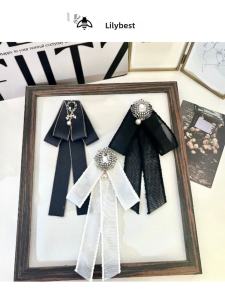 Korean Style Womens Brooch Pin Water Diamond Necktie Pure Color Butterfly Knot Shirt Dress Accessory Lolita Vintage Student