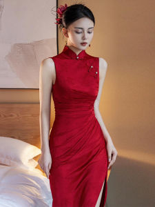 New Chinese Style Morning Gowns Female Bride Classy Sleeveless Cheongsam Toast Dress Red Engagement Dress Dress Casual Dress for Wedding Day