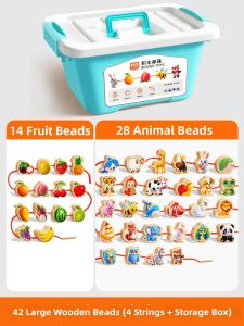 TONGMUXING | Montessori Early Educational Focused Intelligence Development Childrens Wooden Bead Stringing and Building Blocks Toy