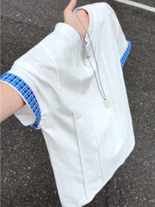 ZHUOCAN | White Grid Henry Collar Boxy Deconstructed T-shirt