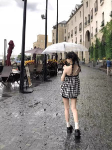 LIHONGYI | French Style Sweet Girl Spicy Halter Check Vest Summer Wearable Backless Loose Blouse