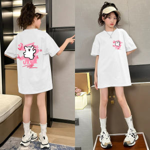 Girls Cotton T-Shirt Short Sleeve Loose Casual Cartoon Dog Print Mid-Length Summer New Style Childrens Top Breathable round Neck