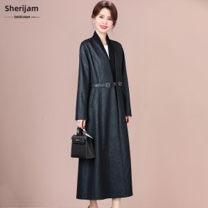 Áo Khoác Trench Coat Gọn Gàng Kết Hợp Khăn Quàng Cổ cho Phụ Nữ Trung Niên Thời Trang