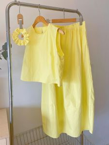 Summer Outfit: High-Waist A-Line Skirt and Matching Top Sleeveless Midi Dress in Solid Color for Women with Mixed Fabric Casual Lazy Style