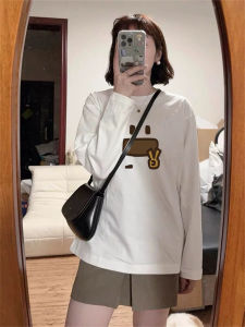 Áo Thun Cotton Trắng in Họa Tiết Dài Tay Mùa Thu Mới Cổ Tròn Rộng Rãi INS Áo Thun Cơ Bản Áo Thun Nữ