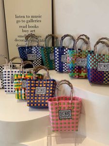 Handwoven Basket Handbag Womens Fashionable Summer Bag Soft Handle Tote Bag Casual Style Polyester Lining Double Strap