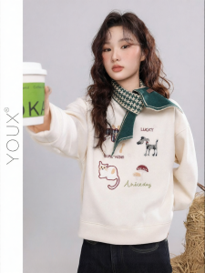 YOUXIANG | Áo Hoodie Lót Bông Thêu Động Vật Hoạt Hình