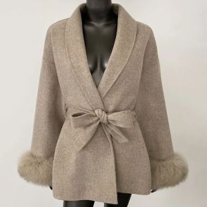 Áo Khoác Lông Thú Thật Mùa Thu Đông Nữ Cổ Lông Cáo Tự Nhiên Dày Dặn Ấm Áp Chất Liệu Len Cashmere Pha Kiểu Dáng Thường Ngày