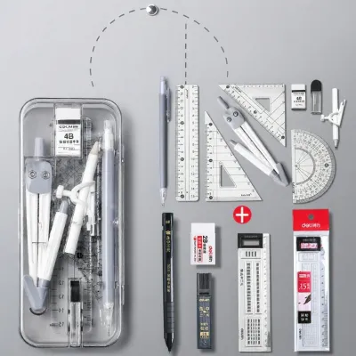 Two-In-One Compass Ruler Set for Primary School Students Triangle Ruler Protractor Drawing Tools Stationery Supplies Pen Holder Model