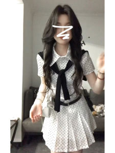 LIRUSHAN | College Style Pretty Fitted White Polka Dot Shirt Dress