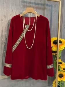 New Chinese Style Retro Velvet T-Shirt Layering Base Layer Loose Fit plus Size Womens Commute Casual round Neck Long Sleeve