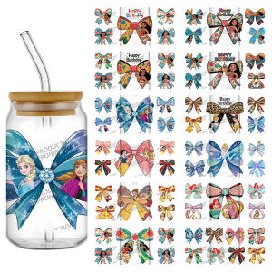 New 20 Design Disney Pertty Princess Bow 16oz UV DTF 3D Sticker Elsa Decals Wraps Glass Can Cups Creative Craft DIY Kids Gifts