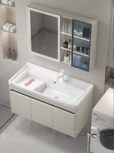 NIUNAISI | Balcony Suitable Small Household Ceramics Washing Basin with Washboard Cabinet