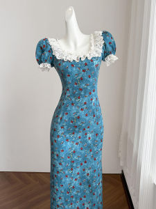 BeautyMark | French Blue Floral Print Square Neck High End Dress Womens Fashion Summer 2025 New Small Size Beautiful Long Dress