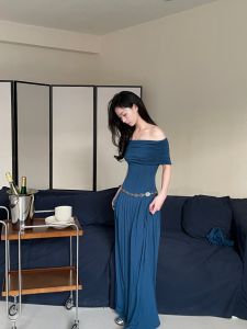 AWMUMU สไตล์ฝรั่งเศสขั้นสูงแลดูผอมชุดวันเกิดสําหรับผู้หญิงปิดไหล่ชุดยาวชิ้นเดียวเอวสูงฤดูใบไม้ผลิฤดูร้อนฤดูใบไม้ร่วง