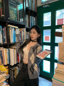 Fashionable Grey Diamond Pattern Open Cardigan Sweater Womens Spring Autumn Thin Loose Versatile Knitted Top Hhyii