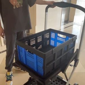 Folding Shopping Cart with Wheels Collapsible Service Cart Double Layer Folding Cart Portable Trolley Cart with Storage Crate Large-capacity Storage Outdoor Wagon for Groceries