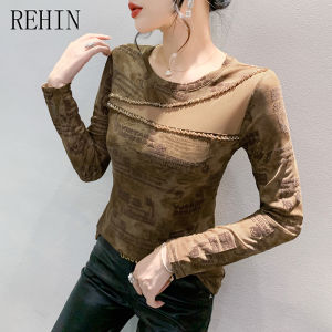 REHIN เสื้อยืดแขนยาวเสื้อยืดผ้าตาข่ายพิมพ์ลายคอกลมสำหรับผู้หญิงเสื้อยืดลูกปัดเสื้อเชิ้ตตัวเล็กเป็นฝูงสำหรับผู้หญิงแฟชั่นใหม่