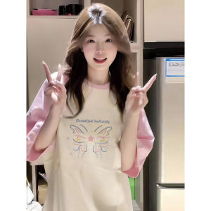 Áo Thun Cotton Tay Ngắn Mùa Hè Màu Hồng Rộng Rãi Cho Nữ Cỡ Lớn Trẻ Em Trung Học Phổ Thông Sinh Viên Phong Cách Hàn Quốc in Họa Tiết