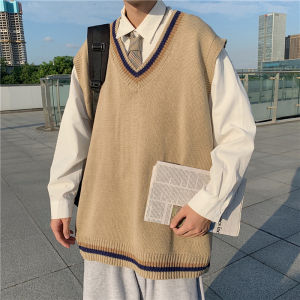 Sleeveless V-neck Knitted Vest Mens Spring and Autumn Outerwear Vest Ins Harajuku Style Contrast Color Japanese Style Couple Retro Sweater
