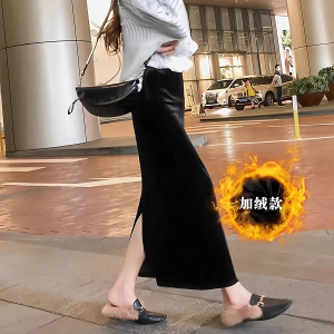 กระโปรงยาวคลุมเข่าผ้ากำมะหยี่สีทองสำหรับผู้หญิง ทรงตรง เอวสูง กระโปรงทรงเอ ทรงสลิมฟิต สไตล์เกาหลี สำหรับใส่ไปทำงาน