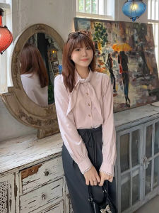 เสื้อเชิ้ตแขนยาวผ้าไหมลูกไม้ลายหูกระต่ายสีชมพูสำหรับผู้หญิงในฤดูใบไม้ร่วง ดีไซน์เก๋ไก๋ กระชับสัดส่วน เสื้อตัวบน